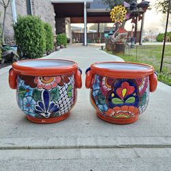 Talavera Orange Side Ring Pots, Planters,Plants, Pottery $45 cada uno.