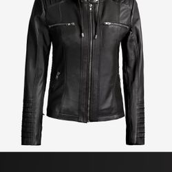 Women's Black Leather Jacket With Removable Hood, Size M 