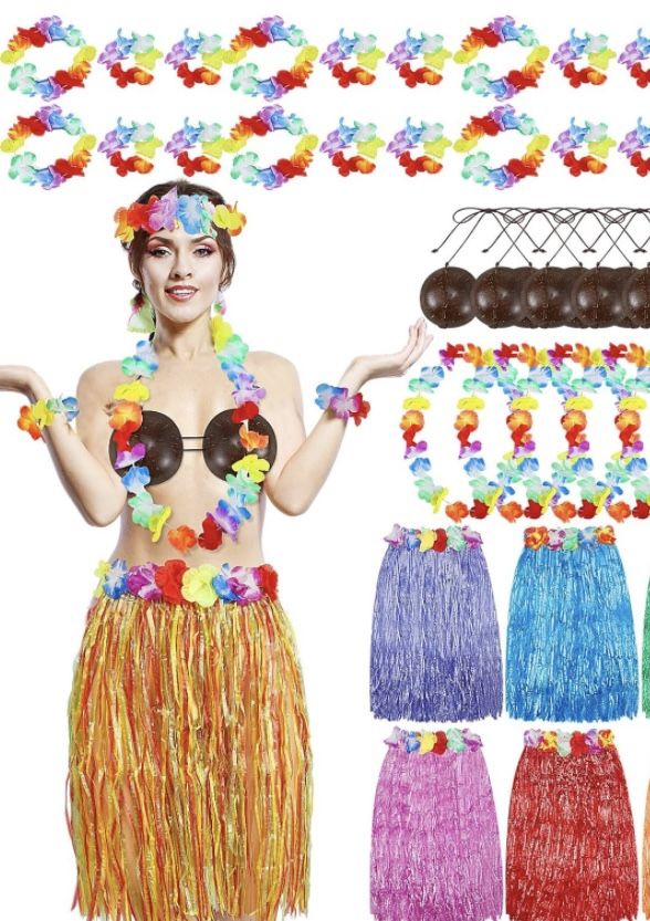 Bonuci 5 Sets Coconut Bra Hula Skirt Costume Accessory Kit Hawaiian Costume Set 23.6'' Skirt Headbands Wristbands Hawaiian Necklace Flower Leis for Wo