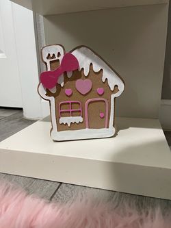 For Her Vanity Wooden Gingerbread House Brush Holder - Pink Bow Christmas Caddy