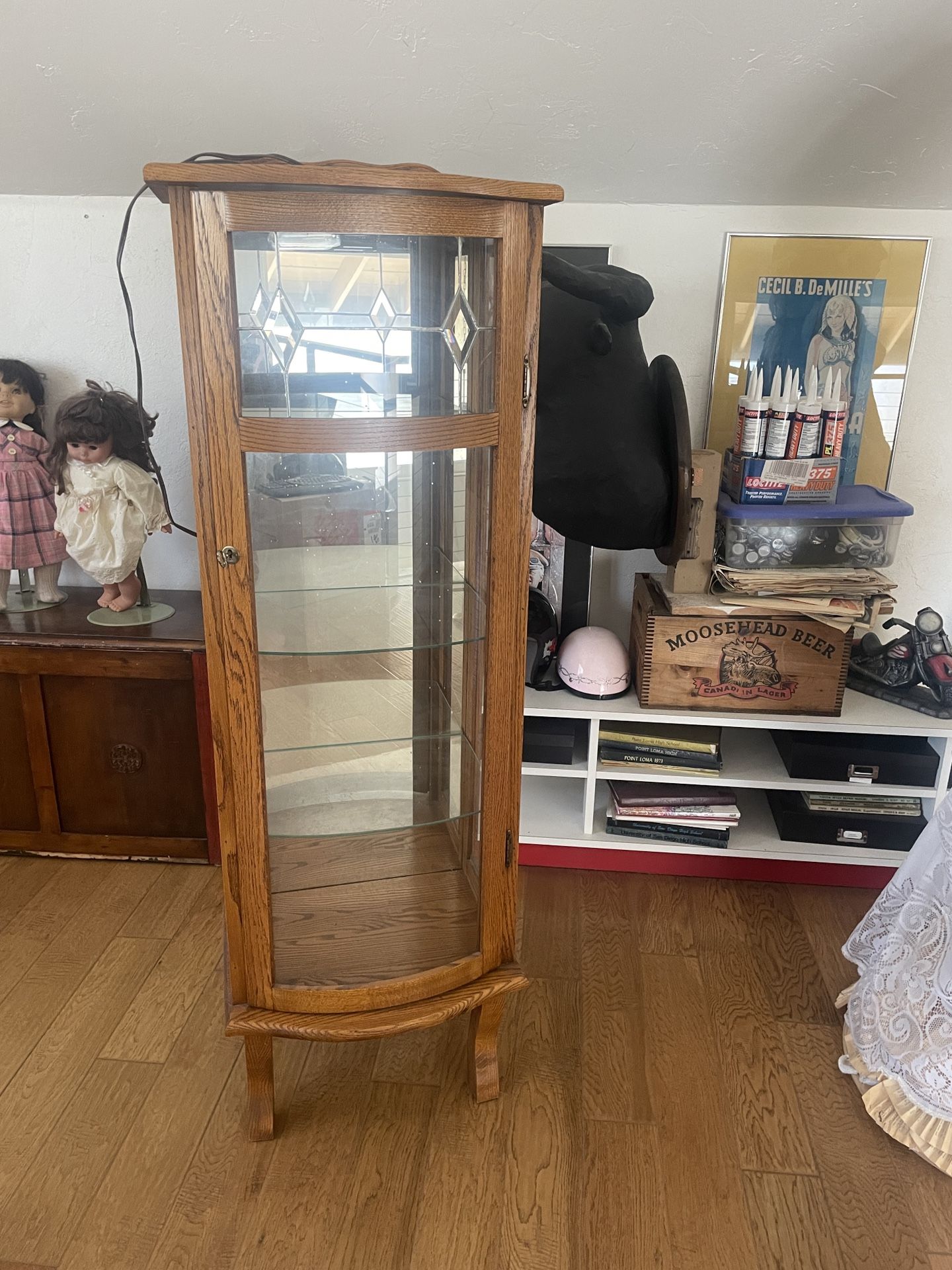 Locking Lighted Oak Curio Cabinet Display with Glass Shelves