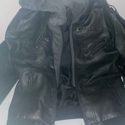 Black Leather Motorcycle Jacket With Hood Medium 