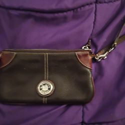 VINTAGE Dooney & Bourke Mini Purse Wristlet Brown Black LEATHER Zip Top Small 7 x 4.5