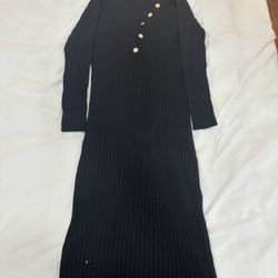 Ribbed Long Sleeve Black Dress w/ Gold Jewels 