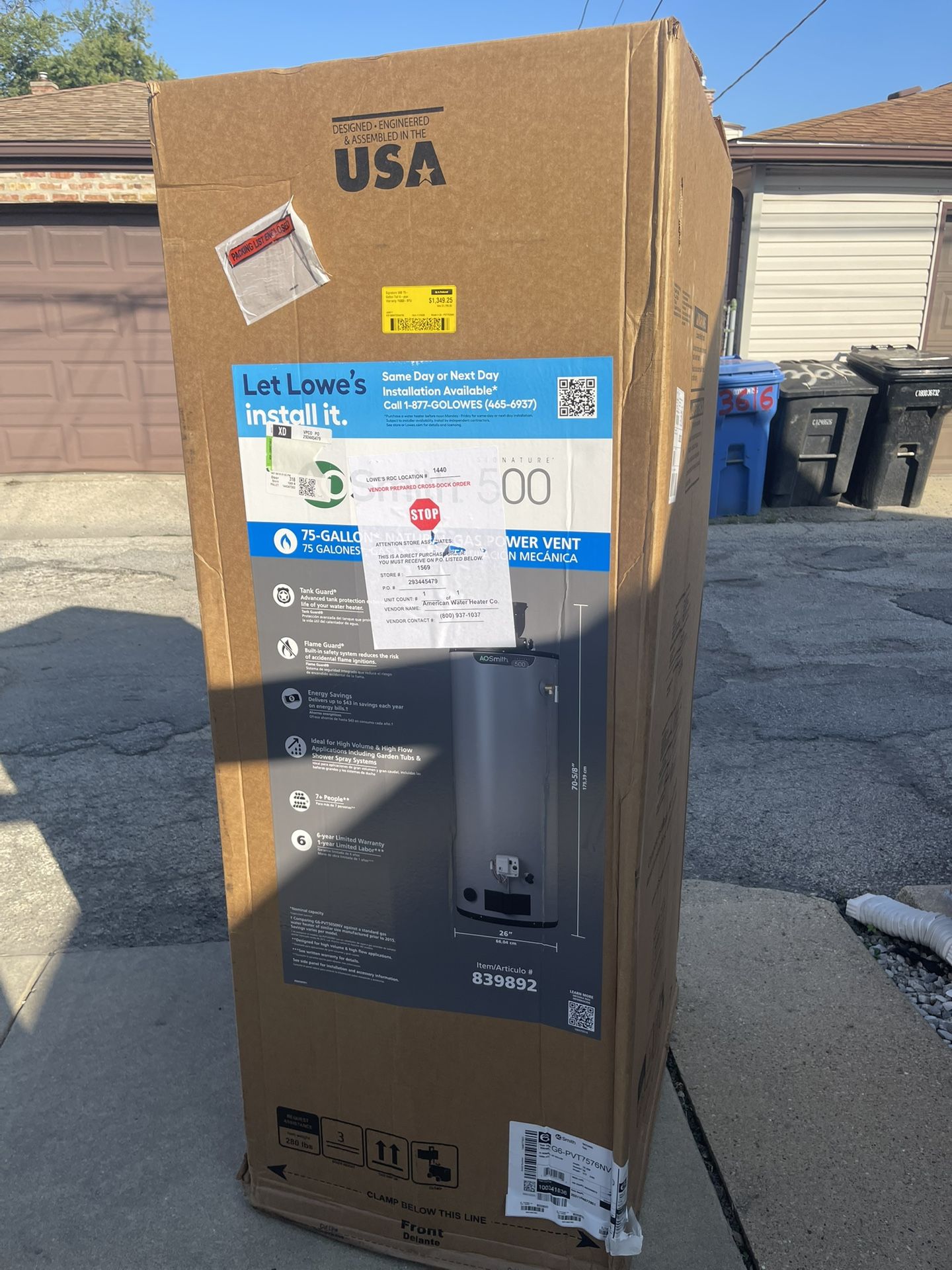 New Water Heater Power Vent 75 Gallon $1300. 