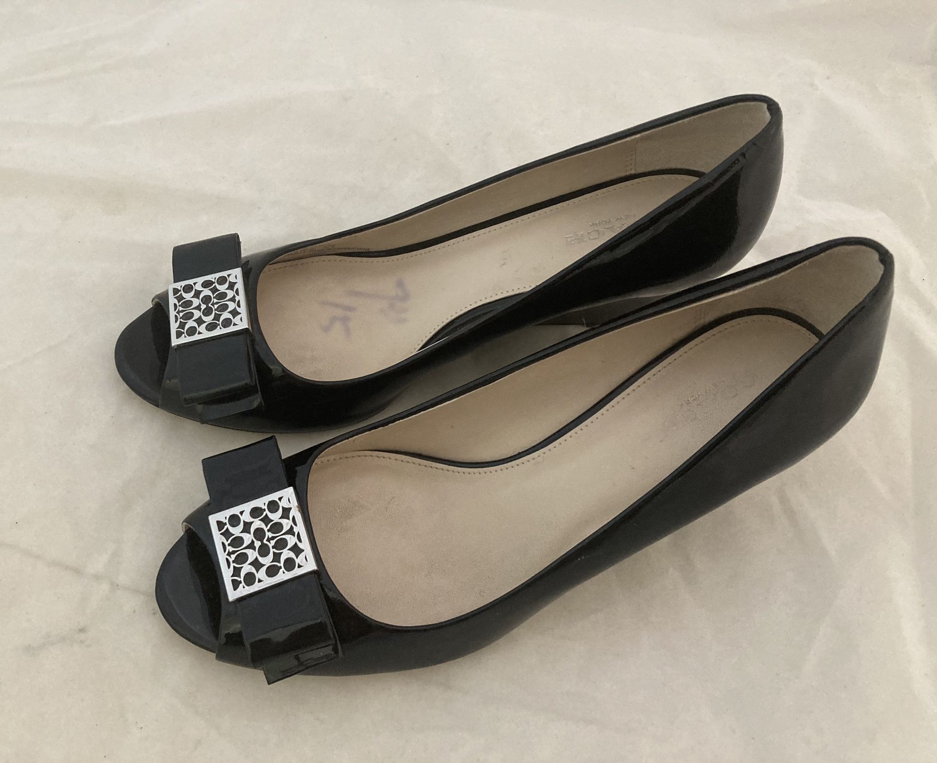 Coach Black patent Leather Open Toe Wedge Shoes 7.5