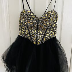Black Short Dress With Gold And Silver Rhinestone Top