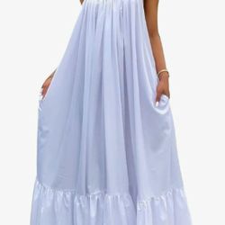 Women's Sexy Spaghetti Strap Sleeveless Ruched Ruffle Hem Bandage Oversized Beach Loose Long Maxi Swing Dress

