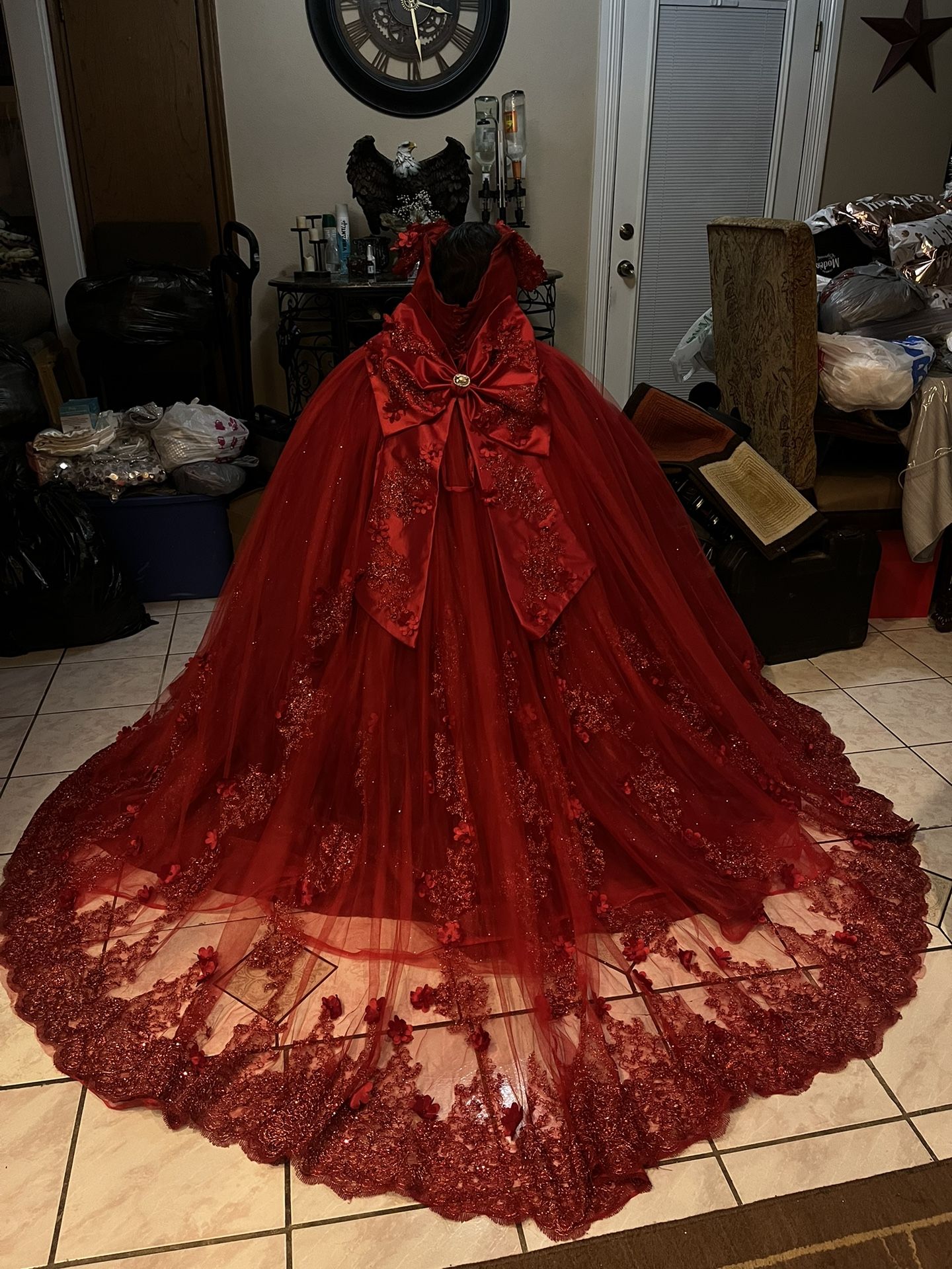 Dazzling shimmering sparkling red (quince, 15 dress) ball gown 