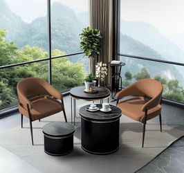 Set of 2 Upholstered Accent Chairs, Brown, Black Metal Legs