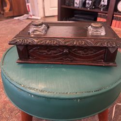 Your right to write; Antique Carved Stationery Desk with Ink Wells: