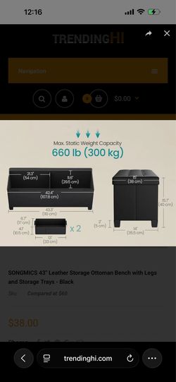 SONGMICS 43" Leather Storage Ottoman Bench with Legs and Storage Trays - Black