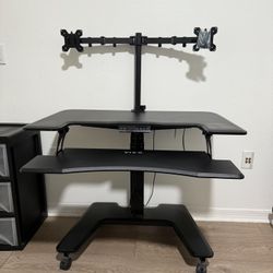 VIVO Black Electric Mobile Height Adjustable 36 inch Dual Platform Standing Desk With Dual Monitor Mount & Free Revolving Desk Chair