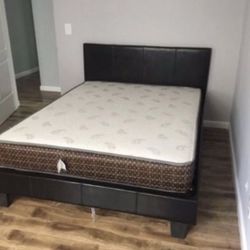 New Platform Bed Frame With Built In Slats / Padded Leatherette Material