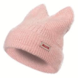 😻 Cute Pink Cat Beanie w Ears Warm Soft Knit Kitty Beanie