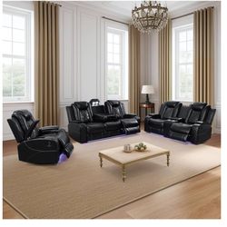 Black Leather Recliner Sofa Set  with LED Lights