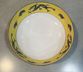 Nippon Antique 3 Leg Bowl-Yellow W Cobalt Blue Dragons-8,5” x3”-Hand Painted Rising Sun Mark. 