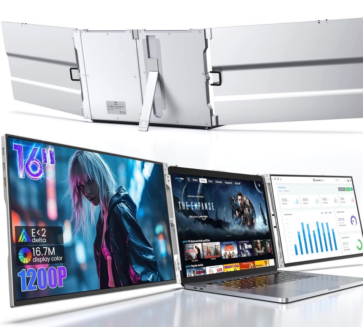 LIMINK LK16 Portable Triple Monitor Fits for 15-17.3 Inch Laptop, 16" 1200P Laptop Multiple Screens Extender Dual Monitor, Apple MacBook Dell Windows