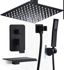 12 Inch Rain Shower System Ceiling Mount Shower Faucet Set Matte Black with Tub Spout