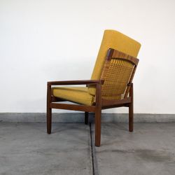 Vintage Mid Century Modern Teak and Cane Lounge Chair by Hans Olsen

