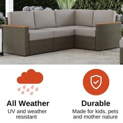 NEW Homestyles Boca Raton Outdoor Sectional Sofa Seating Weatherproof Woven Wicker Rattan with Acacia Wood Accents Grey Brown Couch 6801-40