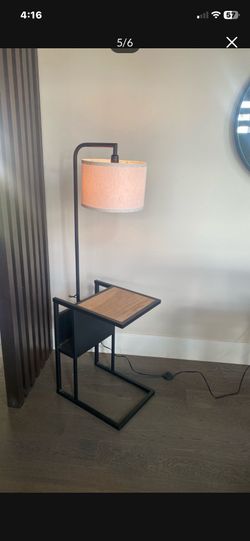 Modern Floor Lamp With The Magazine Rack And C Shaped Table Floor Bottom Control In Matte Black H55”