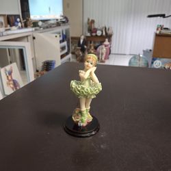 Ballerina Dancer Vintage Figurine Resin With Green Tutu & Basket Of Flowers At Her Feet 5.5"H