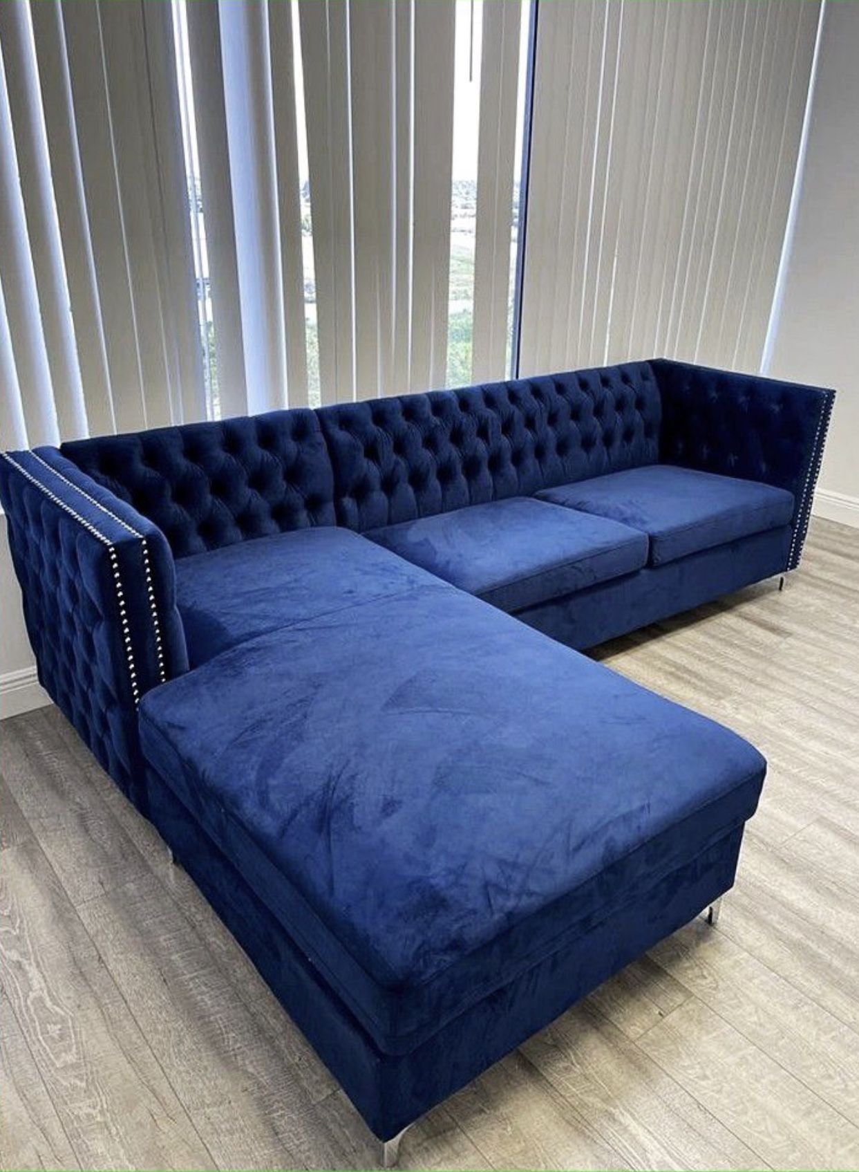New Blue Velvet Sectional With Storage