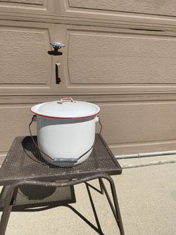 Antiques Red and White Enamel Pail with Lid.