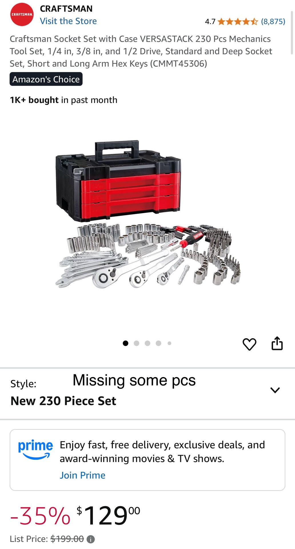 Craftsman Socket Set with Case VERSASTACK 230 Pcs Mechanics Tool Set, 1/4 in, 3/8 in, and 1/2 Drive, Standard and Deep Socket Set, Short and Long Arm 