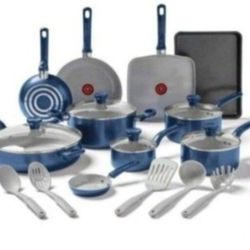 TOXIN FREE- Tfal The Easy Care Ceramic, 14 Piece Pots And Pans Cookware Set, Electric Blue