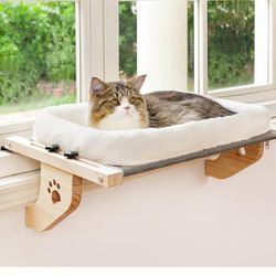 AMOSIJOY Cat Sill Window Perch Sturdy Cat Hammock Window Seat with Cushion Bed Cover, Wood & Metal Frame for Large Cats, Easy to Adjust Cat Bed for Wi