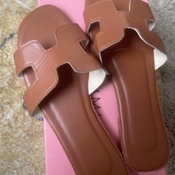 Brown Faux Leather Flats/Sandals