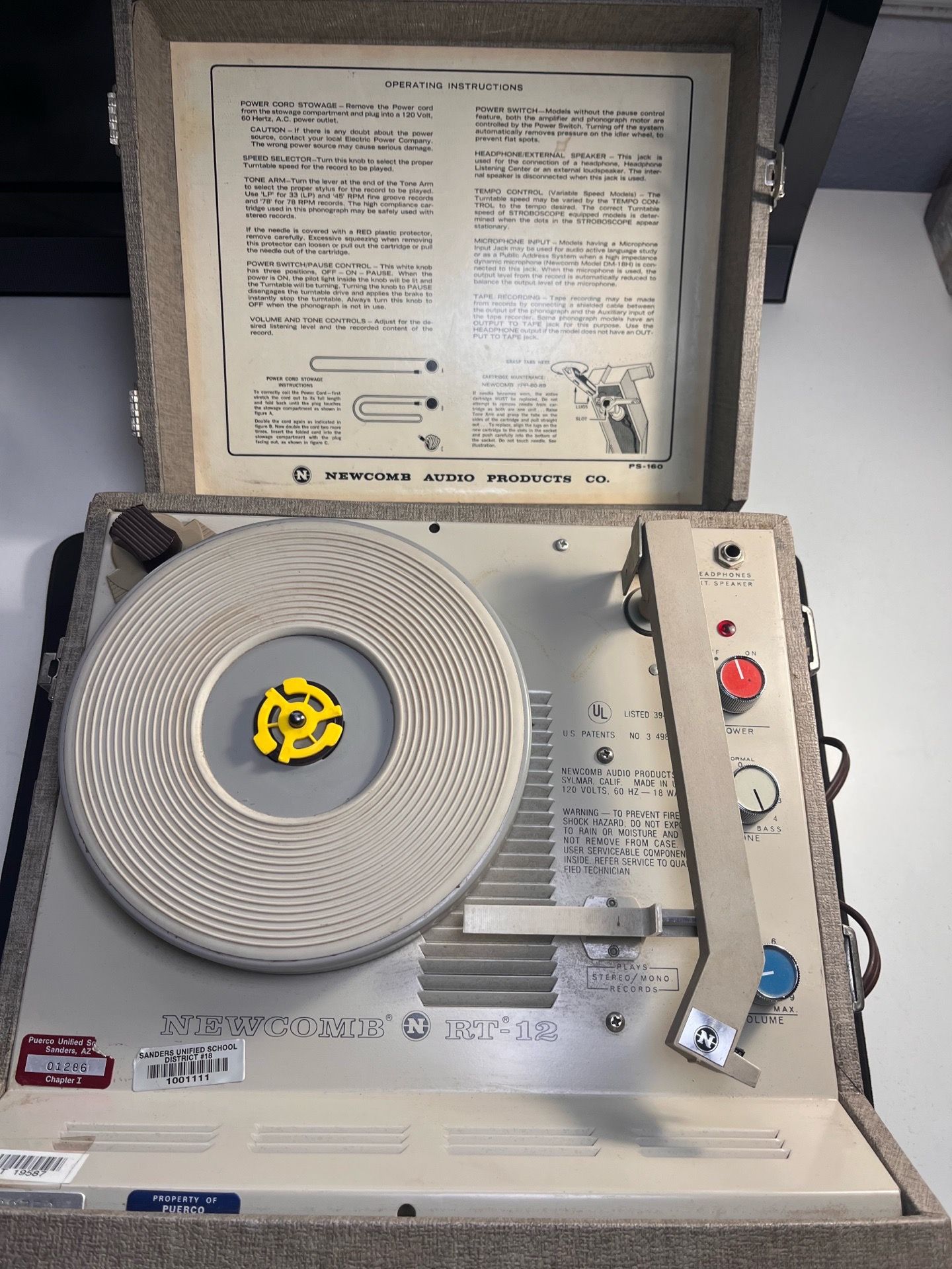 Vintage School Record Player Newcomb RT-12 RUNS tested