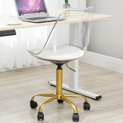 Clear Desk Chair with Cushion, Armless Acrylic Rolling Chair with Golden Feet Swivel Height Adjustable Ghost Chair Molded Plastic Home Office Chair wi