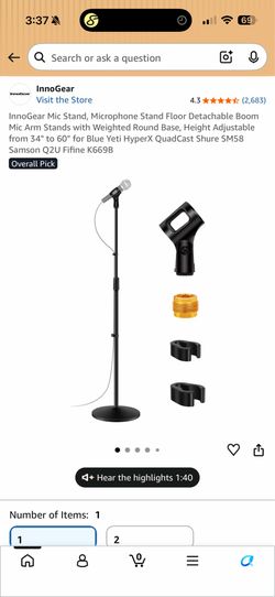 InnoGear Mic Stand, Microphone Stand Floor Detachable Boom Mic Arm Stands with Weighted Round Base, Height Adjustable from 34" to 60" for Blue Yeti Hy