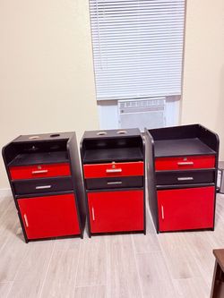 Set of 3 Jaxpety Salon Cabinets / Barber Styling Stations - Black & Red
