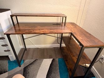 L shaped Desk with Charging station and storage shelves