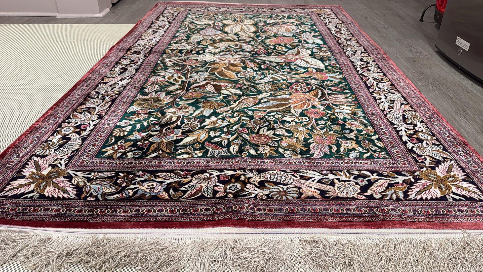 Handmade Silk Rug – 5x7 – Birds & Floral – Excellent Condition