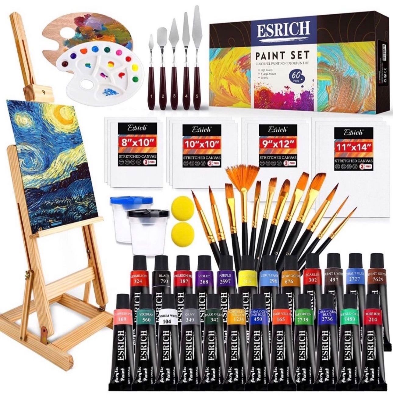 60PCS Acrylic Paint Set with Brushes, Canvases, Palette for Adults, Hobbyists, Beginners