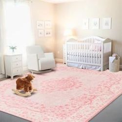 9x12 Area Rugs Washable, Pink Large Rugs for Living Room Bedroom Dining Room Office, Ultra Thin Soft Boho Rug Non Slip, Vintage Distressed Carpet Flor