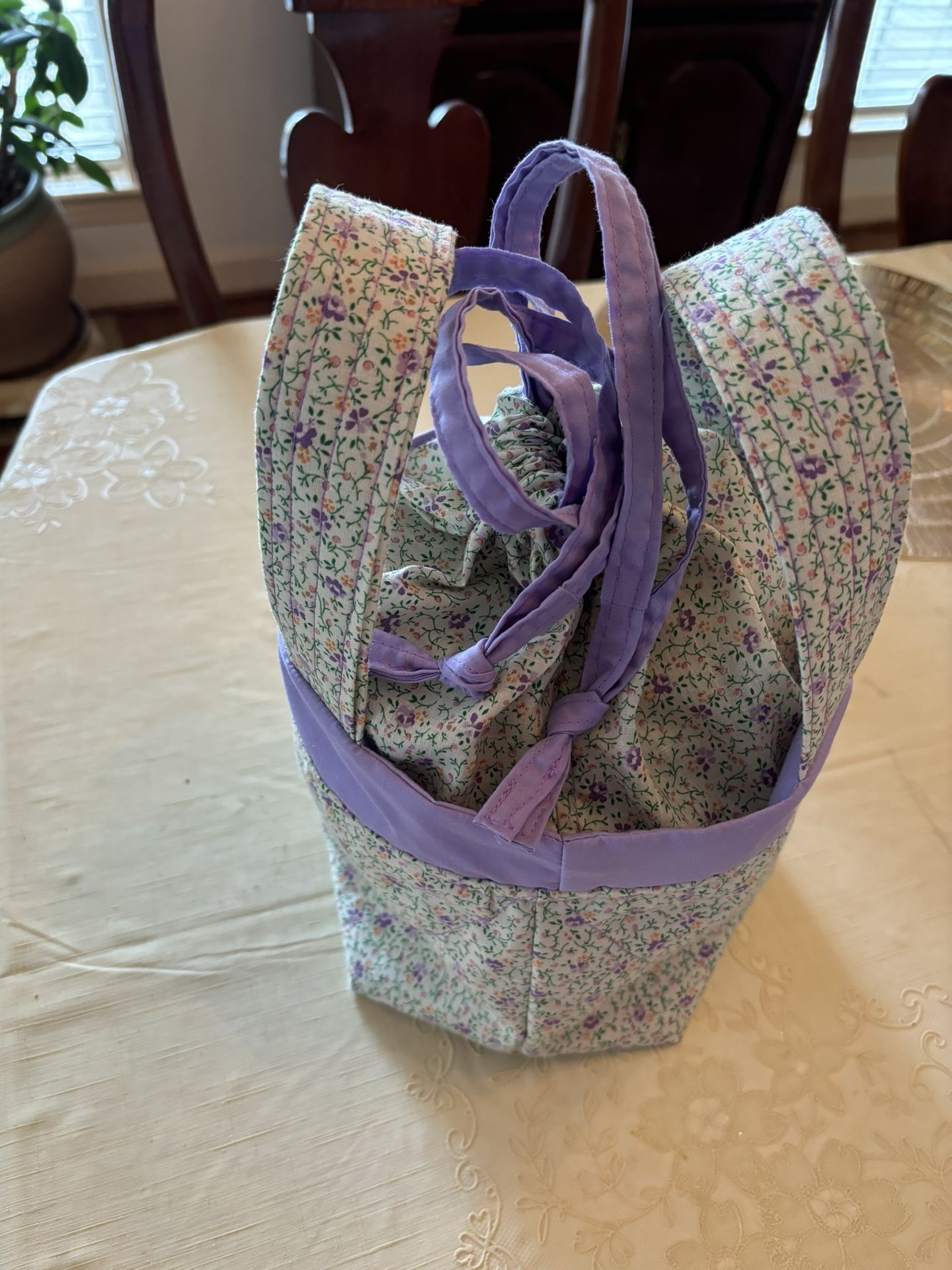 Drawstring Tote Bag - Lavender , Green