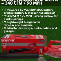 CRAFTSMAN V20 20V MAX Battery Handheld Leaf Blower – 340 CFM / 90 MPH