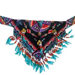 Vintage Handmade Cowgirl Beaded Bandana Southwest print Fringed Scarf Native