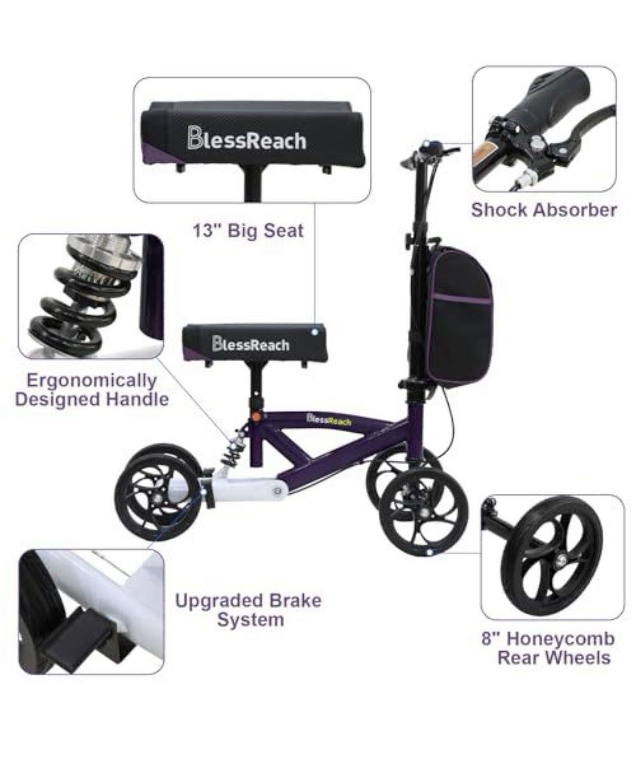 BlessReach Steerable Knee Walker Deluxe Medical Scooter for Foot Injuries Compact Crutches, with Dual Rear on-Wheel Brake and Shock Absorption Under T
