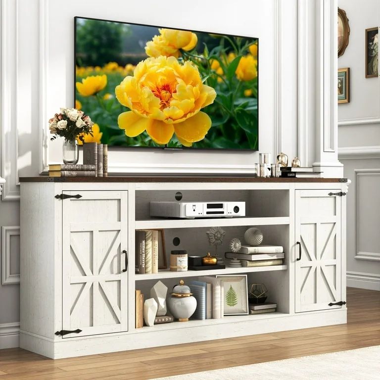 75" Farmhouse TV Stand for 75 80 85 Inch TVs, 33" Tall Highboy Entertainment Center w/Outles USB Ports, Rustic Media Console w/Storage Shelves, Wood T