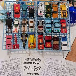 HOTWHEELS & MATCHBOX VINTAGE CARS 1970'S/1980'S IN ORG. MATCHBOX CASES 25 TOTAL