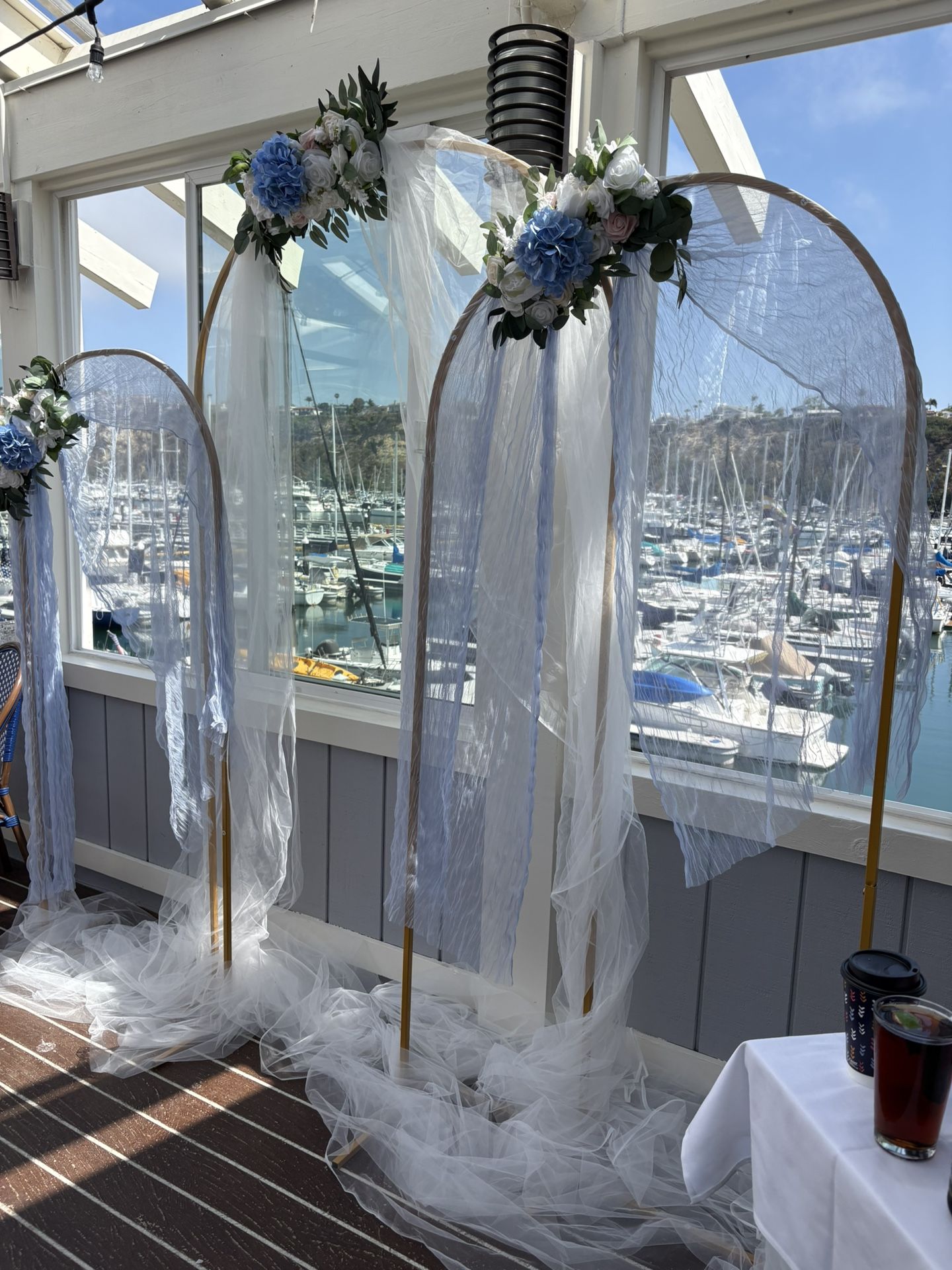 Wedding Altar Arches- Gold, Metal With Flowers And Linens