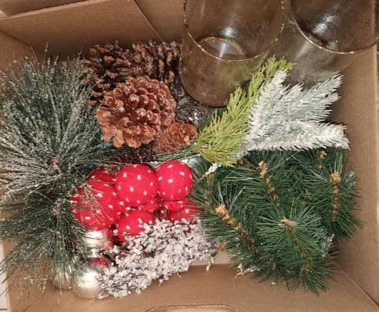 box of Christmas picks, pine cones and 2 glass candle holders to make a centerpiece or wreath FIRM