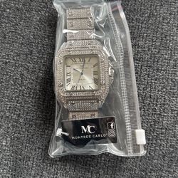 Mens Silver Medal Band Watch W/ 1,400 Hand Places Sparking Stones 54MM Case Size ; 225MM Band Width